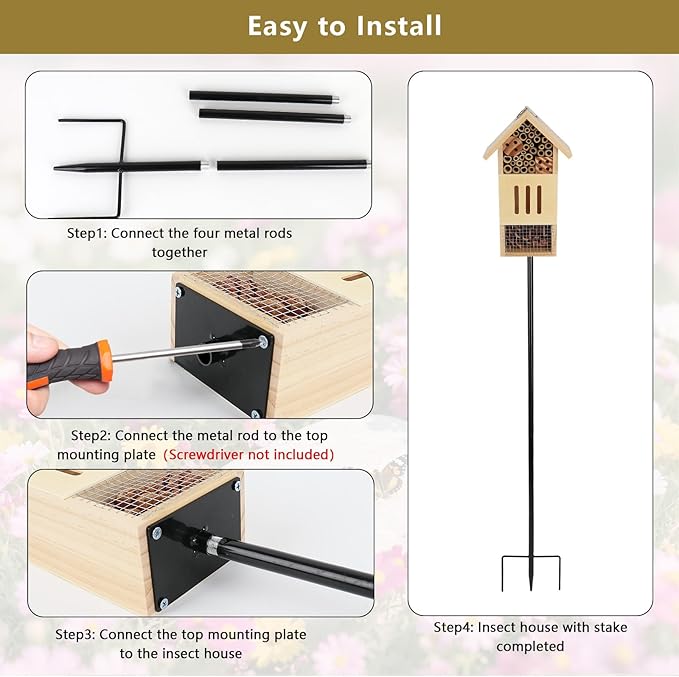 Wooden Insect House, Bee House with Metal Stake for Garden, Natural Ladbugs Habitat & Butterfly Hotel on The Ground or Hanging on Tree Wall (Pine, 4.13"x2.56" x10.63", 32'' H Stake)