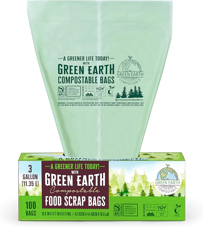 Green Earth Compostable Small Kitchen Food Scrap Trash Bags, Extra Thick 0.71 Mil, Compost Bin Compatible, 3 Gallon, 11.35 Liter, 100-Count, ASTM D6400, BPI (US) & OK Compost Home (EU) Certified