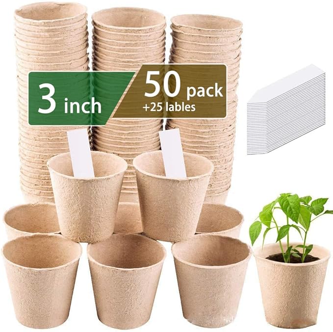 3T GROUP 50 Pcs 3 Inch Small Plant Pots,Disposable Mini Pots,Compostable Flower Pots for Plant,Biodegradable Peat Seed Planting Cups with Labels for Vegetables,Fruit