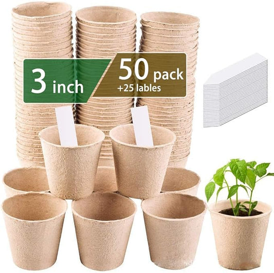 3T GROUP 50 Pcs 3 Inch Small Plant Pots,Disposable Mini Pots,Compostable Flower Pots for Plant,Biodegradable Peat Seed Planting Cups with Labels for Vegetables,Fruit