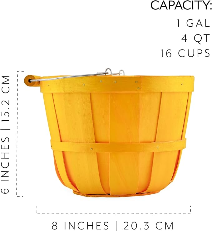 Cornucopia Brands Round Wooden Baskets (2-Pack, Gold); Wood Fruit Buckets w/Handle, 4-Quart Capacity; 6.1 Inch Tall by 8 Inch Diameter