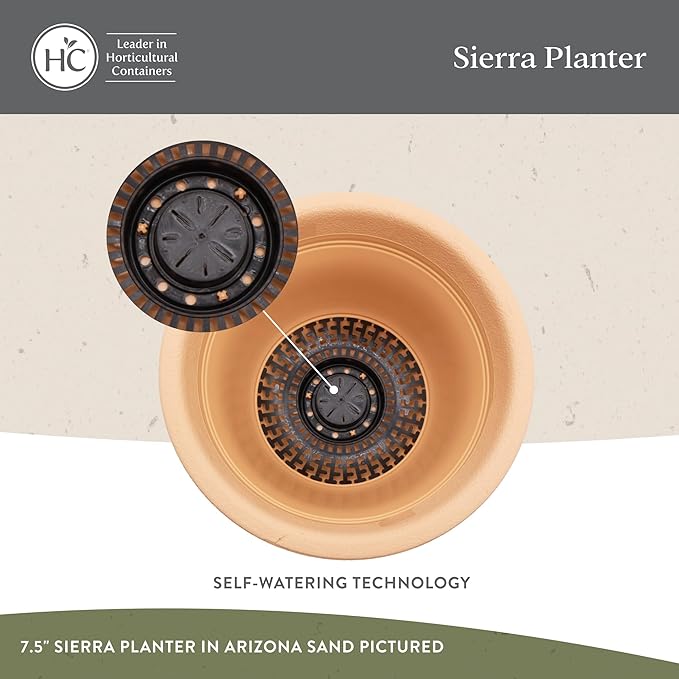 The HC Companies Sierra Round Self-Watering Pot - Lightweight Plastic Planter for Herbs & More - Durable Plant Pots for Indoor Plants & Outdoor Plants (16” Arizona Sand, Pack of 2)