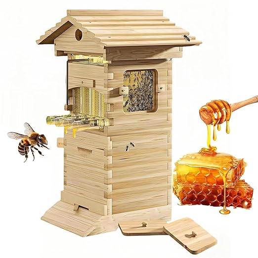 Beehive Starter Kit, Bee Hive for Beekeeping,Complete Bee Box with Observation Window & Honey Spout,Includes Carpenter Bee House for Garden Pollinators