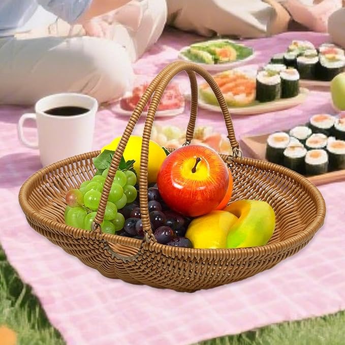 MYCENSE Wicker Picnic Storage Basket with Adjustable Handle, PP Woven Empty Picnic Baskets, Sturdy Iron Wire Frame, Versatile Harvest Basket for Camping, Beach, Park, Halloween, A 29.5x22.5x7.5cm