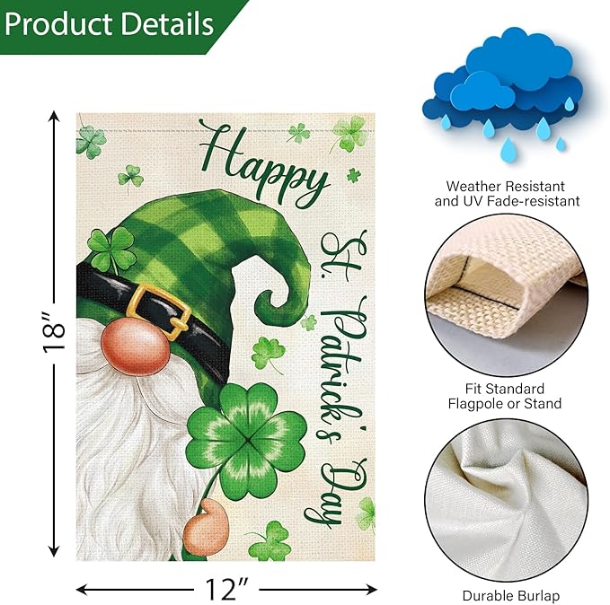 Louise Maelys St Patrick's Day Garden Flag Gnome Shamrock Clover Plaid 12x18 Inch Double Sided Small Burlap Welcome Saint Patricks Spring Holiday Yard Outdoor Sign Outside House Decor