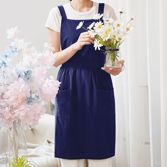 Cotton Linen Pinafore Apron Dress for Women with Pockets Cute Art Chef Aprons for Kitchen Baking Gardening Painting