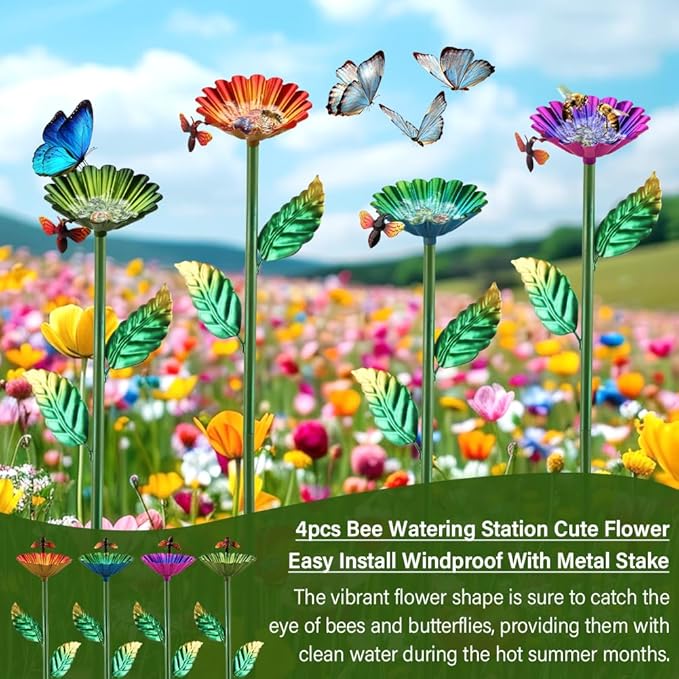 Bee Watering Station,4 Packs Metal Bee Water Feeder for Garden with 16 Glass Marbles, Butterfly Feeder Yard Decor, Outdoor Colorful Flower Design to Attract Pollinators