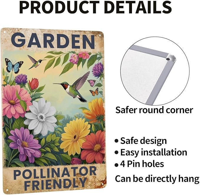 Garden Signs Pollinator Friendly Metal Tin Signs Flowers Signs 8x12 Inch Outdoor Wall Decor