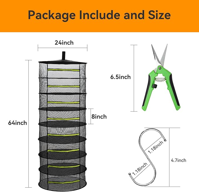 Herb Drying Rack - Mesh Drying Rack - Herb Drying Rack Hanging with Green Zipper & Garden Pruning Shears for Drying Herb - Hanging Drying Rack - Plant Drying Rack (6 Layers), Black, 12154