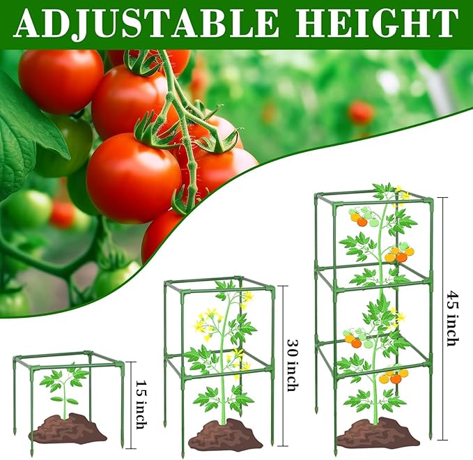 ZeeDix 45 Inch Tomato Cages 4 Pack, Heavy Duty Adjustable Metal Garden Plant Supports for Climbing Vegetables - Square Cage for Tomatoes, Cucumbers, Peas, Flowers with 40 Plant Clips
