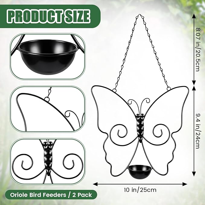 Hushee 2 Pack Oriole Feeder for Outdoors Jelly and Oranges Fruit Metal Bird Feeder Outdoor Garden Metal Hanging Drinking Container Hummingbird Jelly for Outdoor Hanging Garden Patio(Butterfly Shaped)