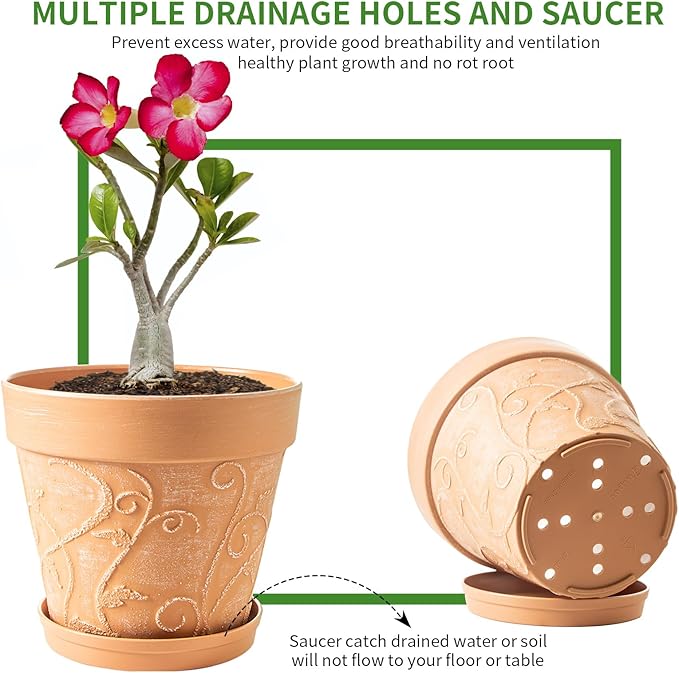 Melphoe Plant Pots Indoor with Drainage & Saucer, 2Pack 10 inch Flower Pots Outdoor Planters for Indoor Plants Garden Home Decor Cactus Succulent, Rigid Plastic (Imitation-Terracotta) Vine-Embossed
