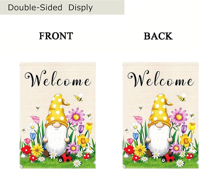 Spring Welcome Gnome Garden Flag 12 x 18 inch Double Sided Outside decorations,Flower Butterfly Small Garden Flags For Outdoor Yard Lawn