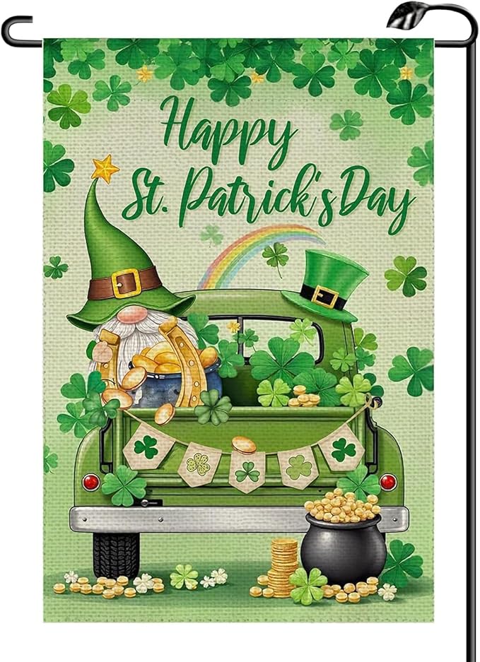 12x18 Inch St Patricks Day Garden Flag Double Sided, Gnome & Clovers Yard Flag for Outdoor Decoration