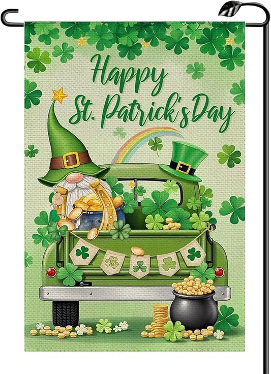 12x18 Inch St Patricks Day Garden Flag Double Sided, Gnome & Clovers Yard Flag for Outdoor Decoration