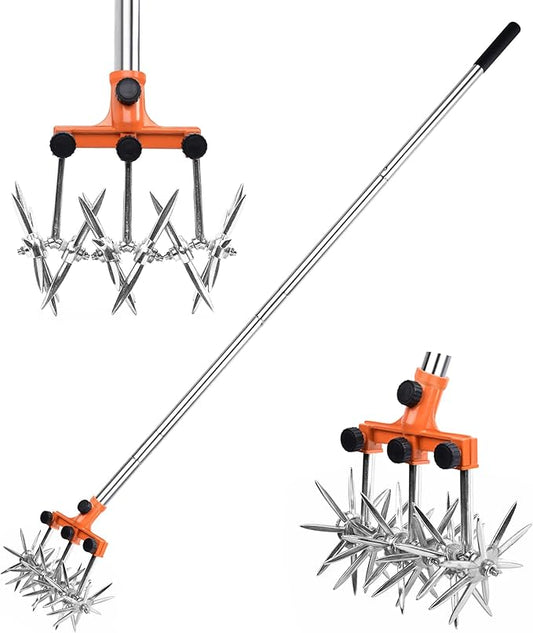 Rotary Cultivator Garden Rotary Tiller Adjustable Stainless Steel Poles Hand Tiller for Soil Mixing or Reseeding Grass Lawn Tiller Total Length 57 Inch