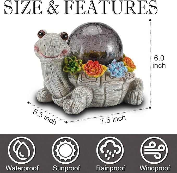Solar Turtle Garden Statue Lights for Outdoor Decor with Cracked Glass LED Figurine Lighting Resin Succulent Tortoise Decorations Patio Lawn Yard Housewarming Mom Gifts (Grey, Large)