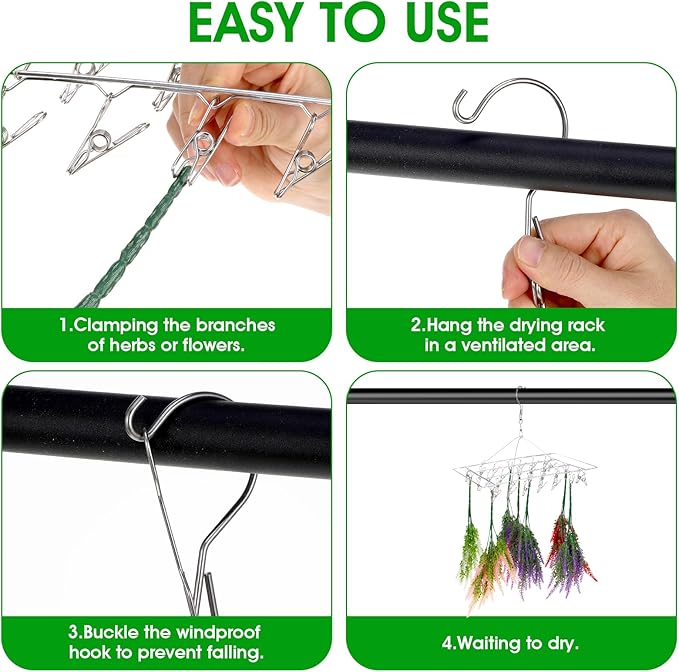 Tobeelec 4 Pcs Hanging Drying Rack for Herb Macrame Flower Drying Rack with 30 Stainless Clip Herb Dryer Hooks for Drying Herb Air Plants Spices Flowers Hydroponic Plants