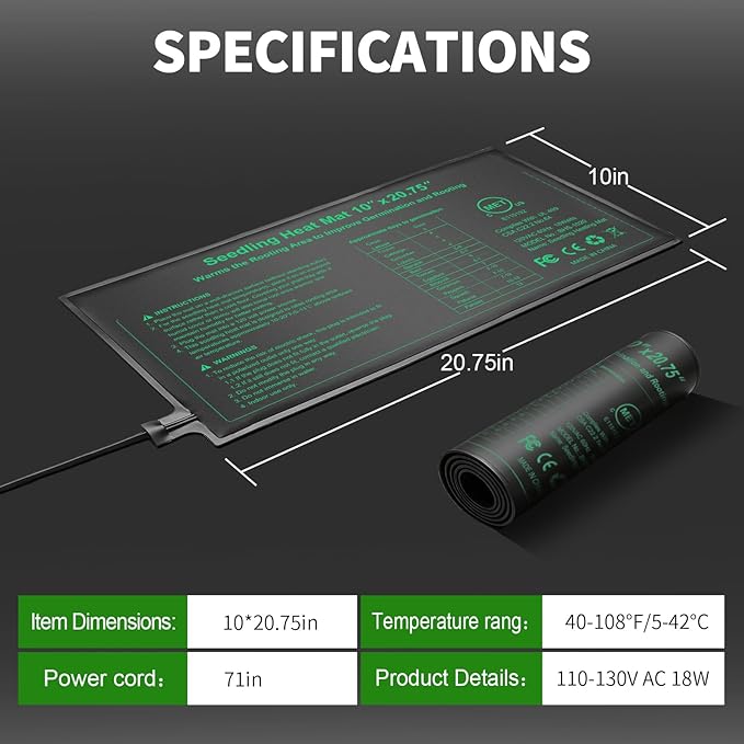 Bestio Seeding Heat Mat 10"x 20.75", 2 Pack Durable Seedling Heat Mat for Seed Starting, UL and MET Certified Waterproof Warming Mat Plant Heating Pad for Seed Germination,Hydroponics, Greenhouses
