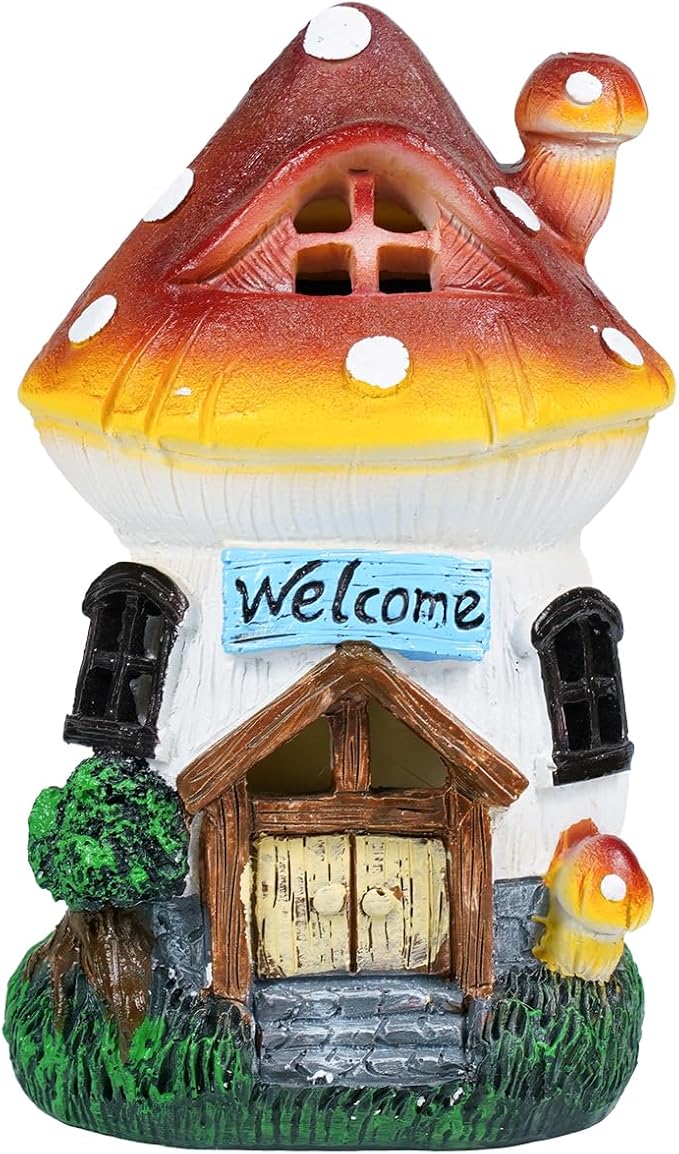 Ferrisland Solar Powered Mushroom House Statue with LED Light, 6.8 Inch Resin Garden Figurine with Welcome Sign, Outdoor Decor for Patio, Lawn, Yard, Pathway, Garden Gifts(Mushroom House)