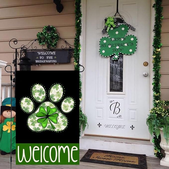 St Patricks Day Garden Flags for Outside, Irish Dog Paw with Green Hat Lucky Shamrocks Yard Decoration, Small Seasonal Outdoor Decor for Farmhouse Holiday,12x18 Inch Double Sided