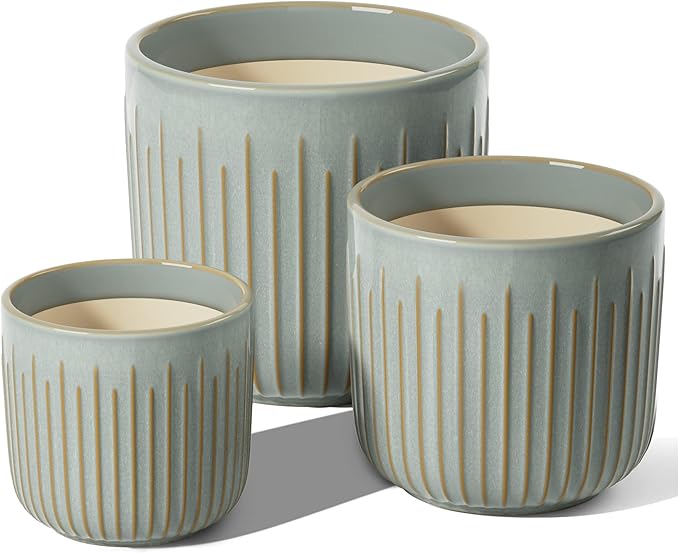 LE TAUCI Fluted Ceramic Pots for Plants, 8.3/7/6 Inch Indoor Planters with Drainage Holes & Mesh, Modern Glossy Glaze Cylinder Plant Pot for Snake Plant, Set of 3, Mist Gray