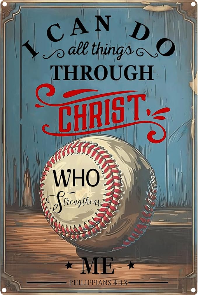 Vintage Baseball Metal Signs-Baseball Gifts for Boys 8-12,Baseball Decor for Boys Room(I Can Do All Things Through Christ Who Strengthens Me Baseball Signs) 8x12 Inch