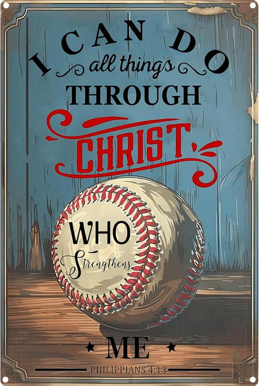 Vintage Baseball Metal Signs-Baseball Gifts for Boys 8-12,Baseball Decor for Boys Room(I Can Do All Things Through Christ Who Strengthens Me Baseball Signs) 8x12 Inch