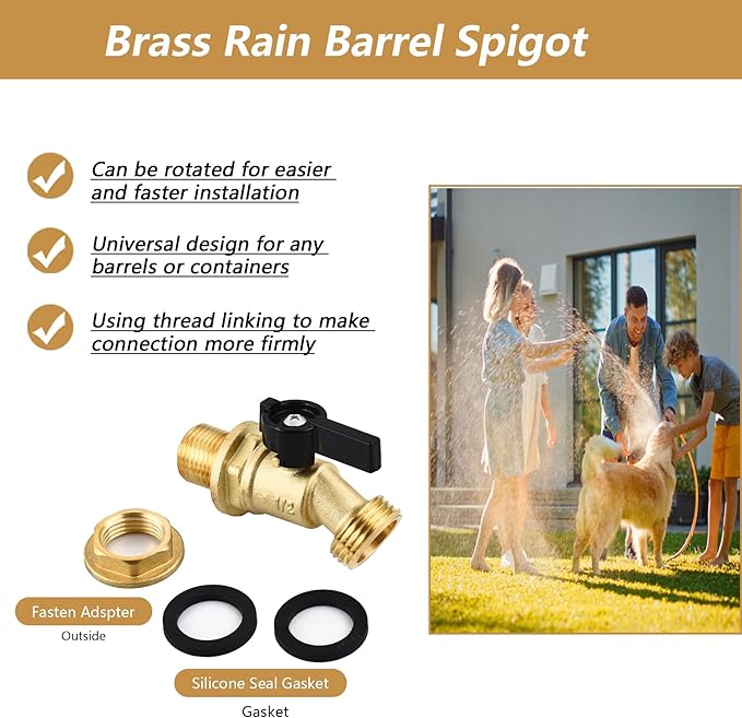 Brass Water Container/Rain Barrel Spigot, 3/4" GHT Male Threaded Quarter Turn Ball Valve with Bulkhead Fitting, Lead-Free,Rain Barrel Kit for Garden Hose Thread Connection