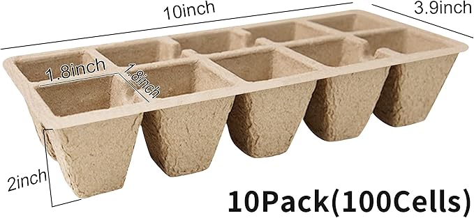 SYITCUN Seed Starter Tray 100 Cells, Biodegradable Peat Pots for Seedlings, 10 Pack 1.8" Square Pulp Nursery Cups with 100 Plant Labels and 2 Transplant Tools for Vegetable Herb