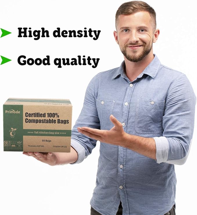 Primode Compostable Bags, 13 Gallon Food Scraps Yard Waste Bags, 50 Count, Extra Thick 0.87 Mil. ASTMD6400 Compost Bags Small Kitchen Trash Bags, Certified By BPI And TÜV AUSTRIA