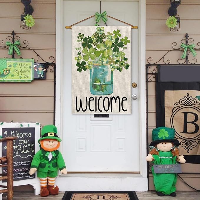 AVOIN colorlife Welcome Watercolor Lucky Clover St Patricks Day House Flag Double Sided, Shamrock Jar Yard Outdoor Flag 28 x 40 Inch