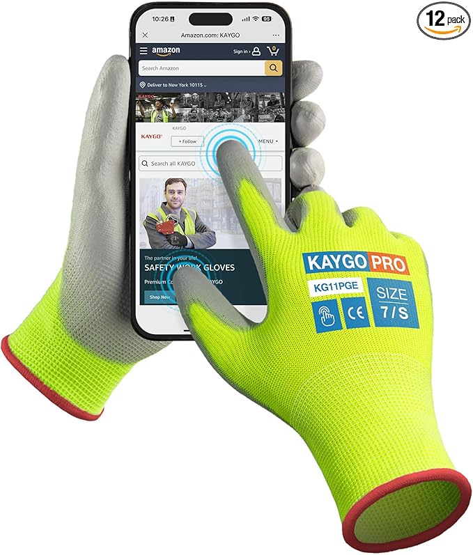Work Gloves PU Coated for Men and Women, 12 Pairs Safety Work Gloves with Two Fingers Touchscreen, Breathable and Lightweight,Ideal for Light Warehouse, Manufacturing, Gardening, KG11P (S,Green)