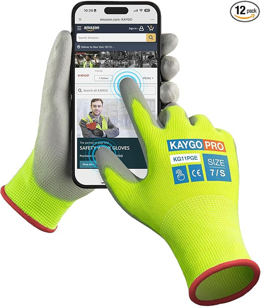 Work Gloves PU Coated for Men and Women, 12 Pairs Safety Work Gloves with Two Fingers Touchscreen, Breathable and Lightweight,Ideal for Light Warehouse, Manufacturing, Gardening, KG11P (S,Green)