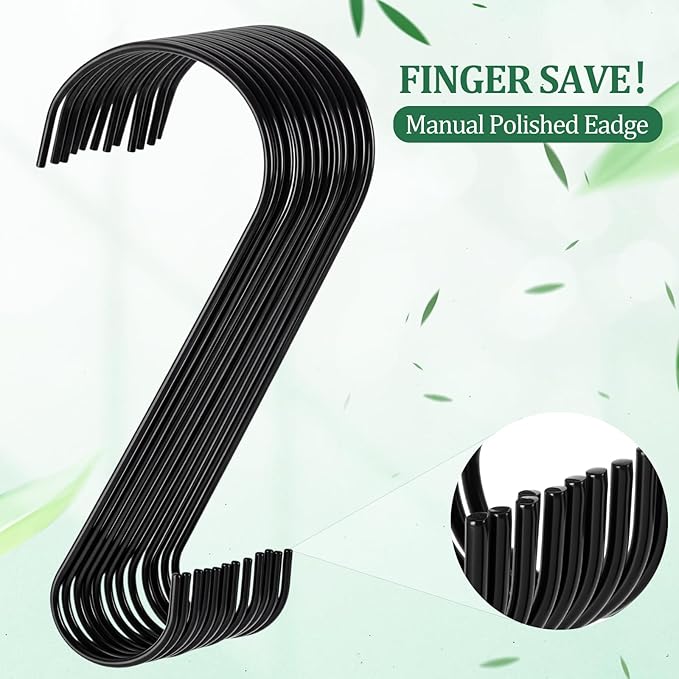 12 Pack 10 Inch Medium S Hooks for Hanging Plants & Closet Organization, Black Vinyl Coated Metal Hangers for Jeans Purses Towels Bird Feeders Heavy Duty Utility Metal Hooks