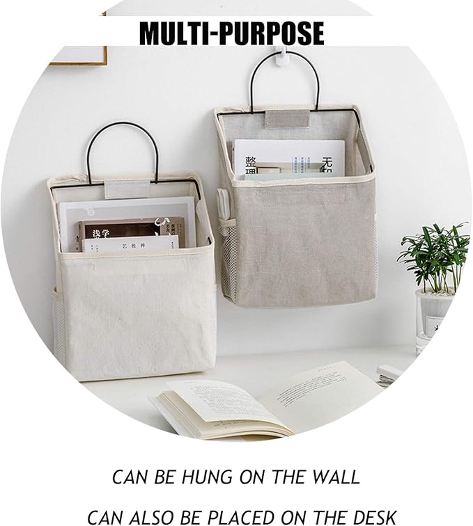Wall-Hanging Storage Bags, Desktop Organizer Basket Cotton Linen Hanging Storage Basket for Kitchen,Bderoom,Living Room (#2 Grey)