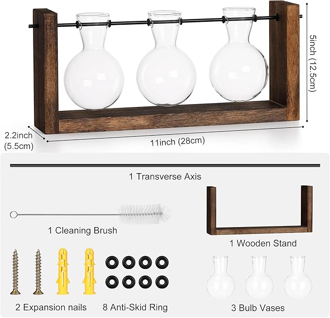 YIBOT Wall Hanging Planter Propagation Station Glass Flower Vase for Hydroponics Plants, Plant Terrarium with Wooden Stand, Bathroom, Home Office Living Room Decor Gift