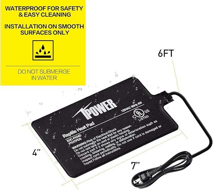 iPower Reptile Heat Pad 4W Under Tank Terrarium Warmer Heating Mat for Turtles Lizards Frogs and Other Small Animals, 4x7 Inch