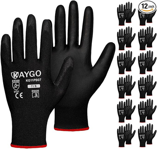 KAYGO Work Gloves for Men and Women,12 Pairs Seamless Knit PU Coated Safety Gloves, with Smooth Grip on Palm and Fingers, Ideal for Light Warehouse, Manufacturing, Gardening, KG11P (S, Black)