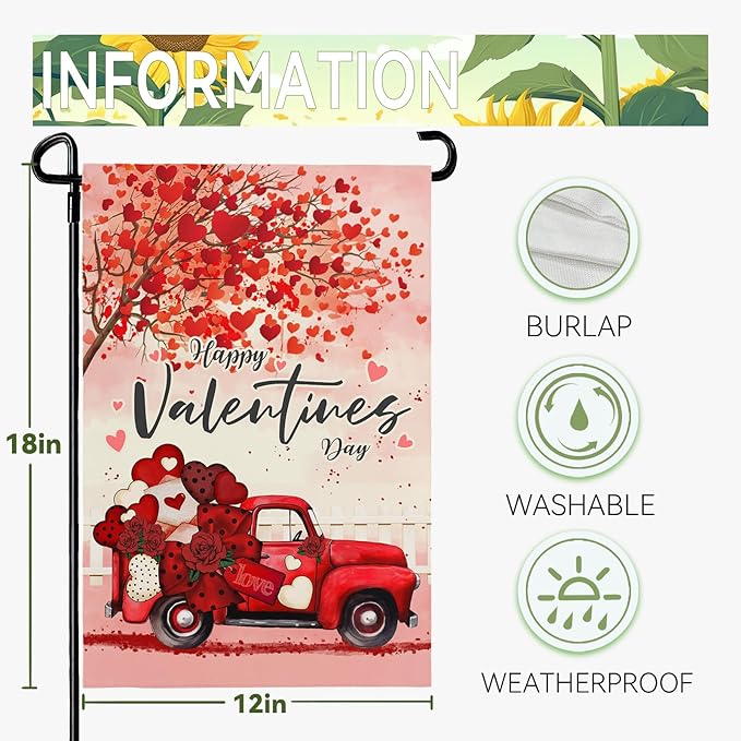 Valentines Garden Flags Red Truck Hearts Tree Yard Garden Flag Burlap 12x18 Inch Double Sided Sweet Love Flags for Outdoor Yard House Decor