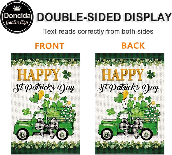 Doncida St Patricks Day Shamrocks Truck Garden Flag 12x18 Inch Double Sided, Burlap Lawn Buffalo Plaid Yard Flag for Outside Decoration