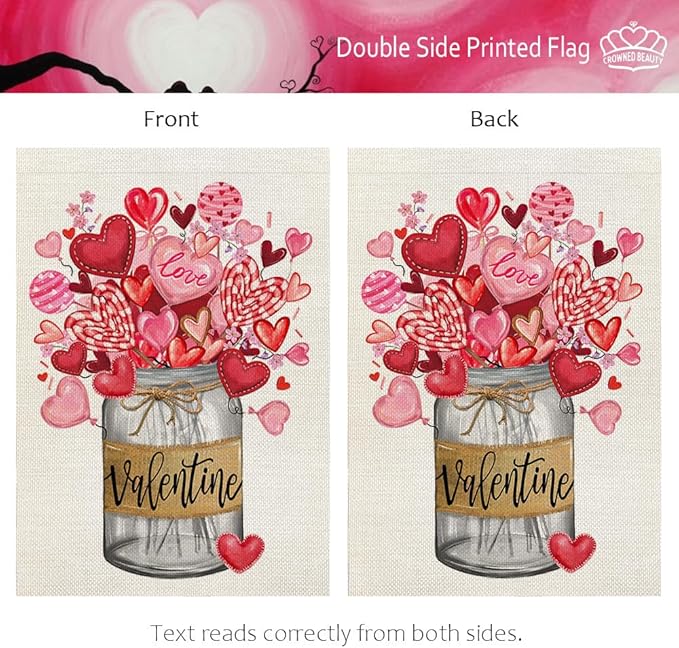 CROWNED BEAUTY Valentines Day House Flag 28x40 Inch Double Sided Large Burlap Holiday Mason Jar Floral Pink Flag for Outside Yard CF1212-40