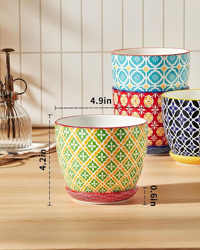 Ceramic Plant Pots, 4.9 Inch Flower Pots with Drainage Hole & Saucer, Colorful Planter Pots for Houseplants, Succulent, Catus, Home Decor, Set of 4, Vibrant Colors