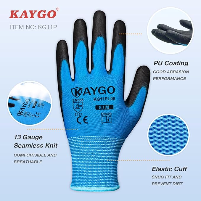 KAYGO Work Gloves for Men and Women, 12 Pairs Seamless Knit PU Coated Safety Gloves, with Smooth Grip on Palm and Fingers, Ideal for Light Warehouse, Manufacturing, Gardening, KG11P (XL, Blue)