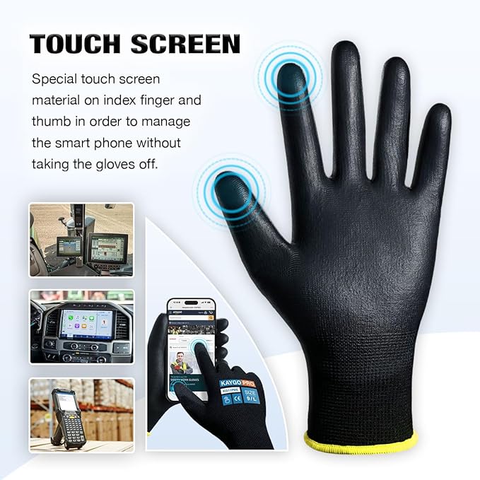 Work Gloves PU Coated for Men and Women, 12 Pairs Safety Work Gloves with Two Fingers Touchscreen, Breathable and Lightweight,Ideal for Light Warehouse, Manufacturing, Gardening, KG11P (L,Green)