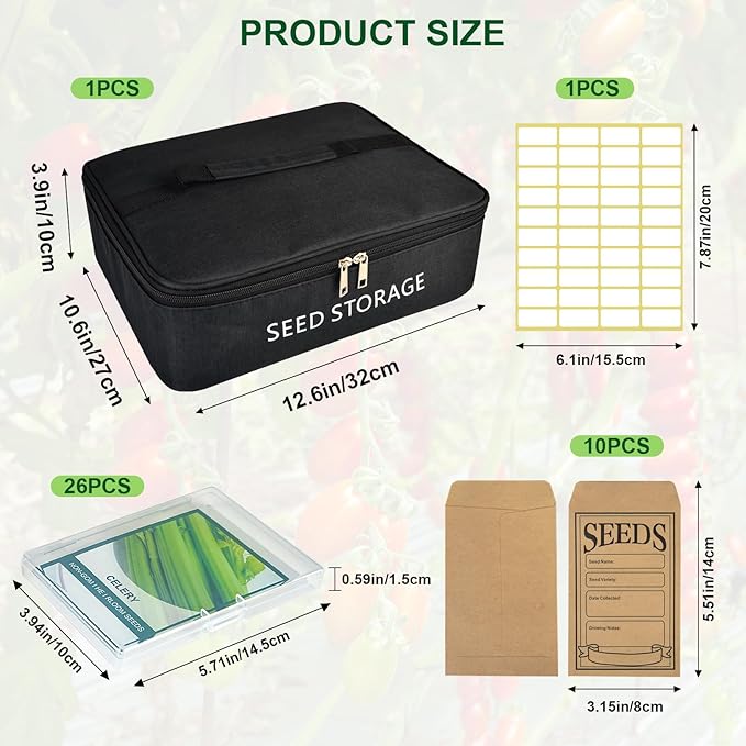 26 Slots Seed Storage Organizer Box with 10 Seed Envelopes, Oxford Cloth Seeds Storage Container with Insulated Bag, Garden Seed Packet Organizer with Label Stickers for Vegetable Flower Plants