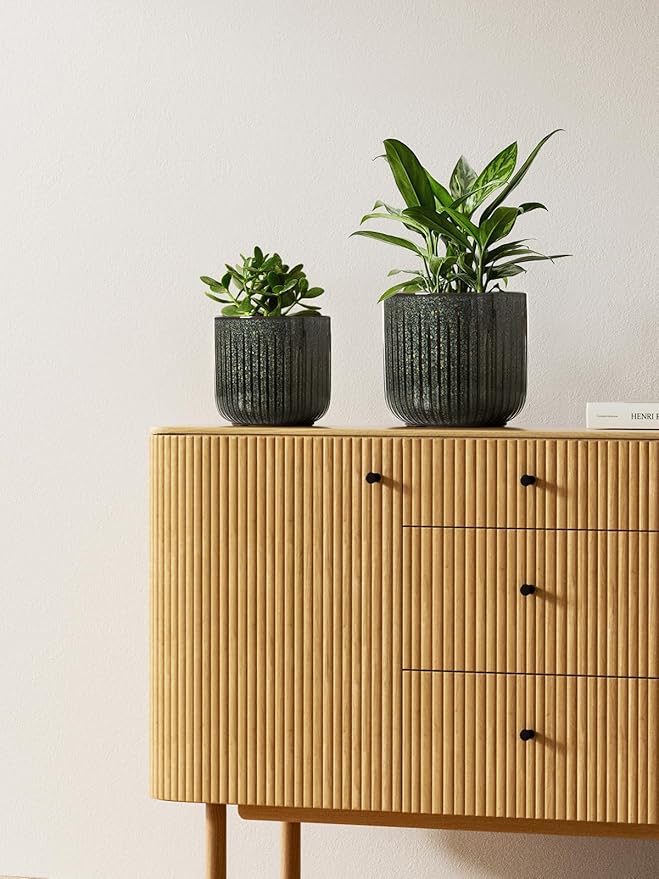 LE TAUCI Fluted Ceramic Pots for Plants, 8.3/7/6 Inch Indoor Planters with Drainage Holes & Mesh, Modern Glossy Glaze Cylinder Plant Pot for Snake Plant, Set of 3, Slate Olive
