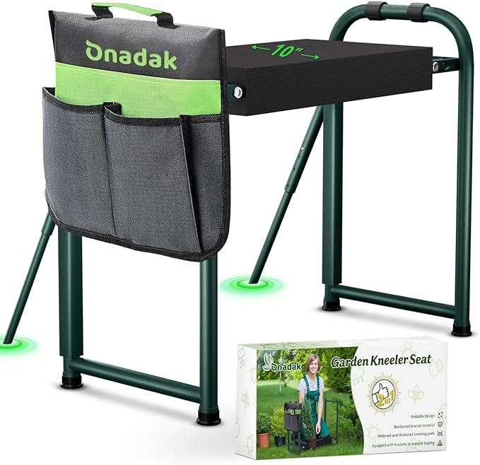 Heavy Duty Garden Kneeler and Seat for Elderly, 400lbs Capacity Foldable Gardening Stool with Support Legs & Thick Pad, Includes Large Tool Organizer Bag, Black (Dark Green)