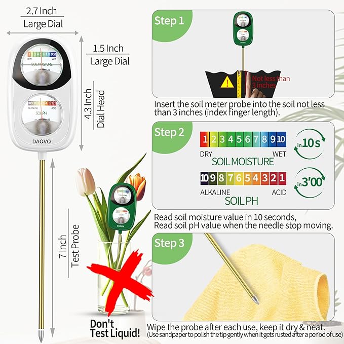 2-in-1 Moisture Meter for Plants, Soil Moisture Meter & PH Tester, Large Dual-Screen Soil Test Kit, Essential Garden Tools for Indoor/Outdoor Plant, Lawn, Farm, No Battery Needed