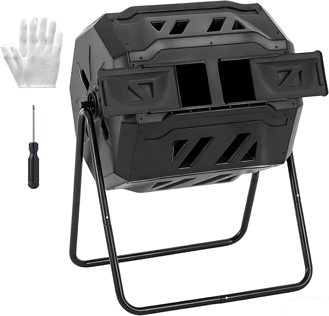 NEWBULIG Compost Bin Outdoor 43 Gallon, Dual Chamber Composter Tumbler Outdoor with Gloves, Efficient 360°Rotating Composting Bin for Patio, Lawn, Home Gardening and Landscape, Black
